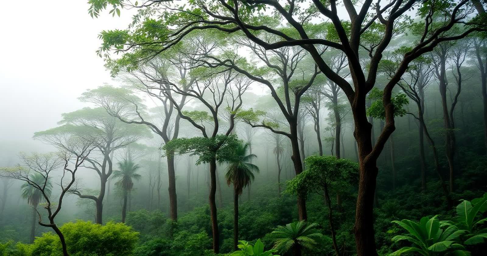 Highland agroforest in mist, shade trees above the cocoa.