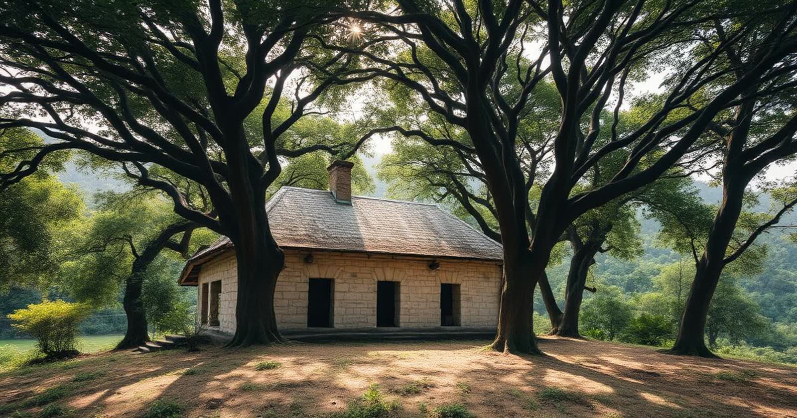 Former estate outbuilding among mature shade trees.